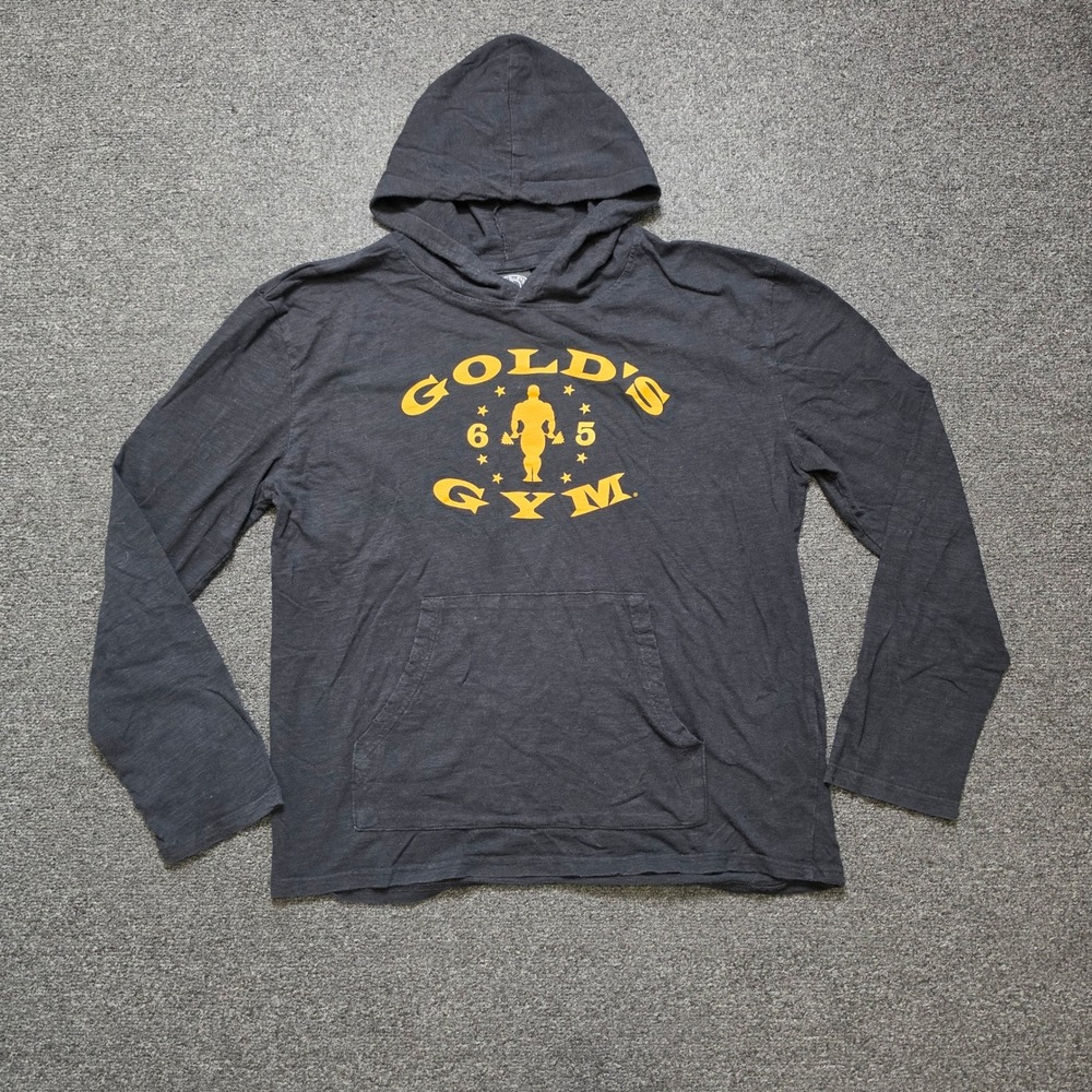 Gold's Gym Hoodie Shirt Black Mens Large Long Sleeve Slub Terry Fleece Graphic